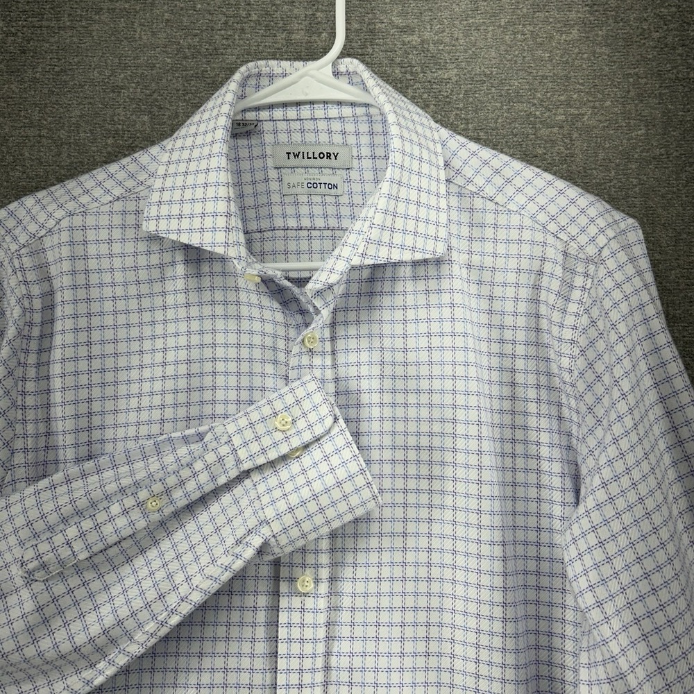 Twillory Safe Cotton Shirt Men Sz 16/32-33 White Checked Blue Purple Long Sleeve